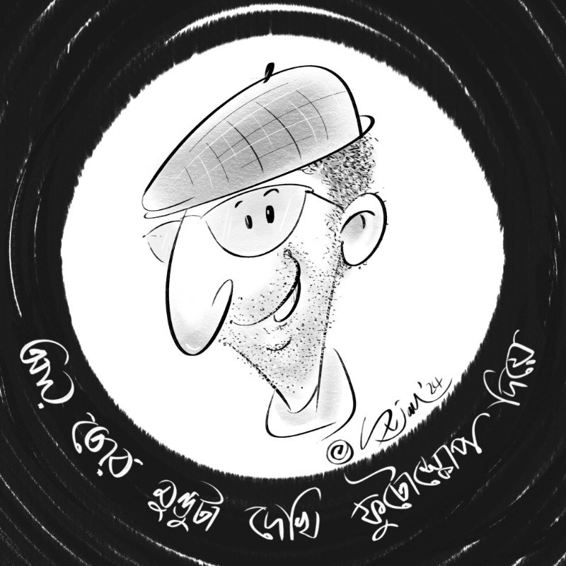 Black-and-white caricature portrait of Sujan Chowdhury wearing a beret